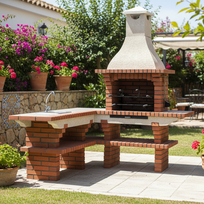 Calabria 700 d’angle : barbecue brique & pierre reconstituée 190×190 cm – évier en option