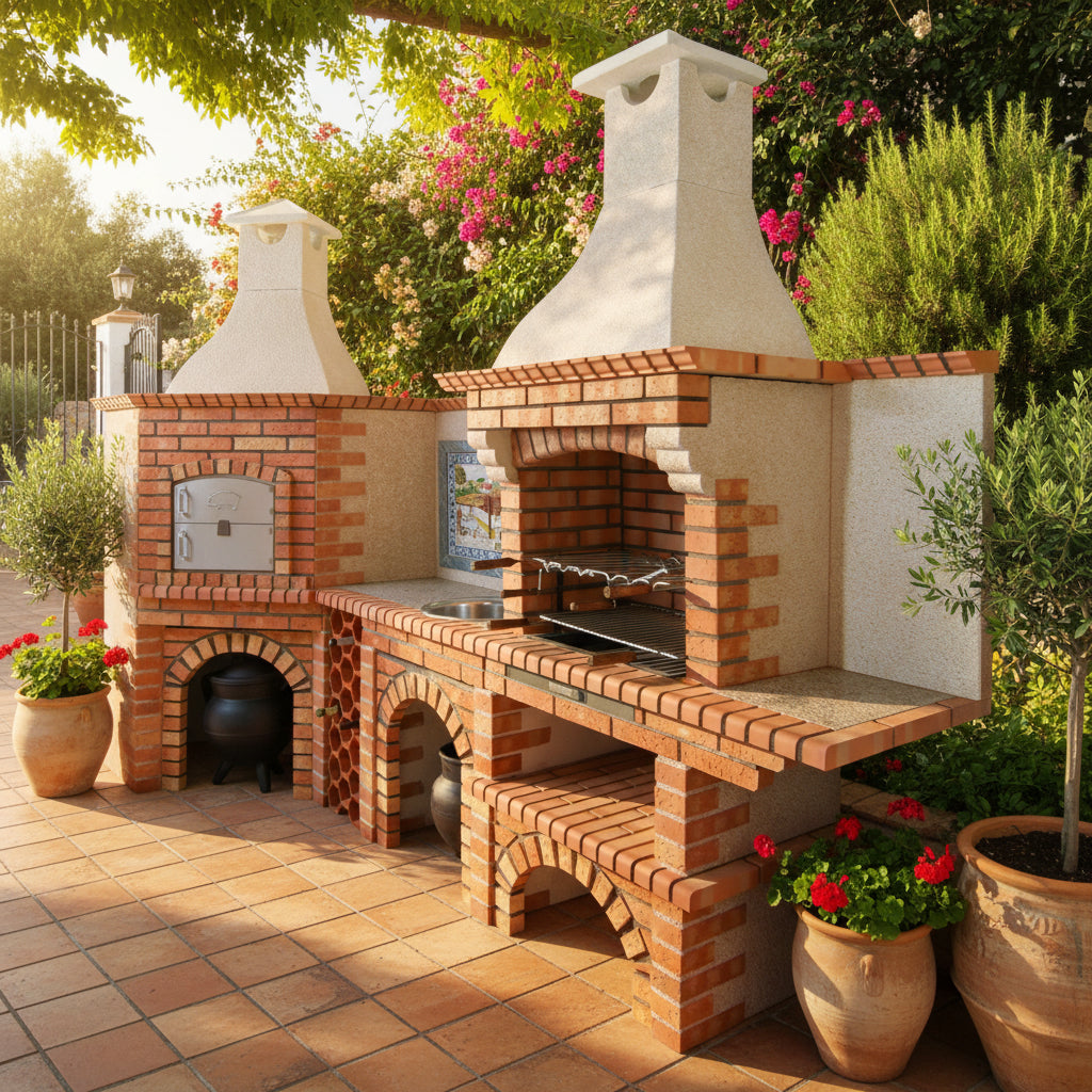 Calabria 1008 – Four à pizza d’angle avec barbecue & évier inox – 350×114 cm