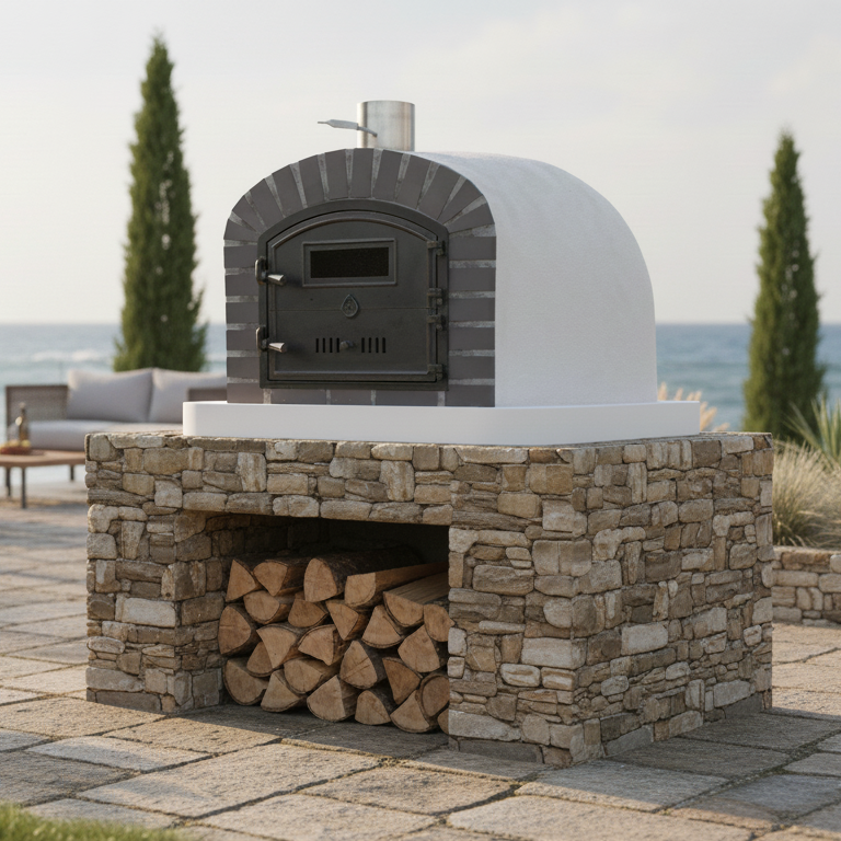 Four à Bois BRACIARO 120 cm – Four à Pizza & Rôtisserie Brique Grise