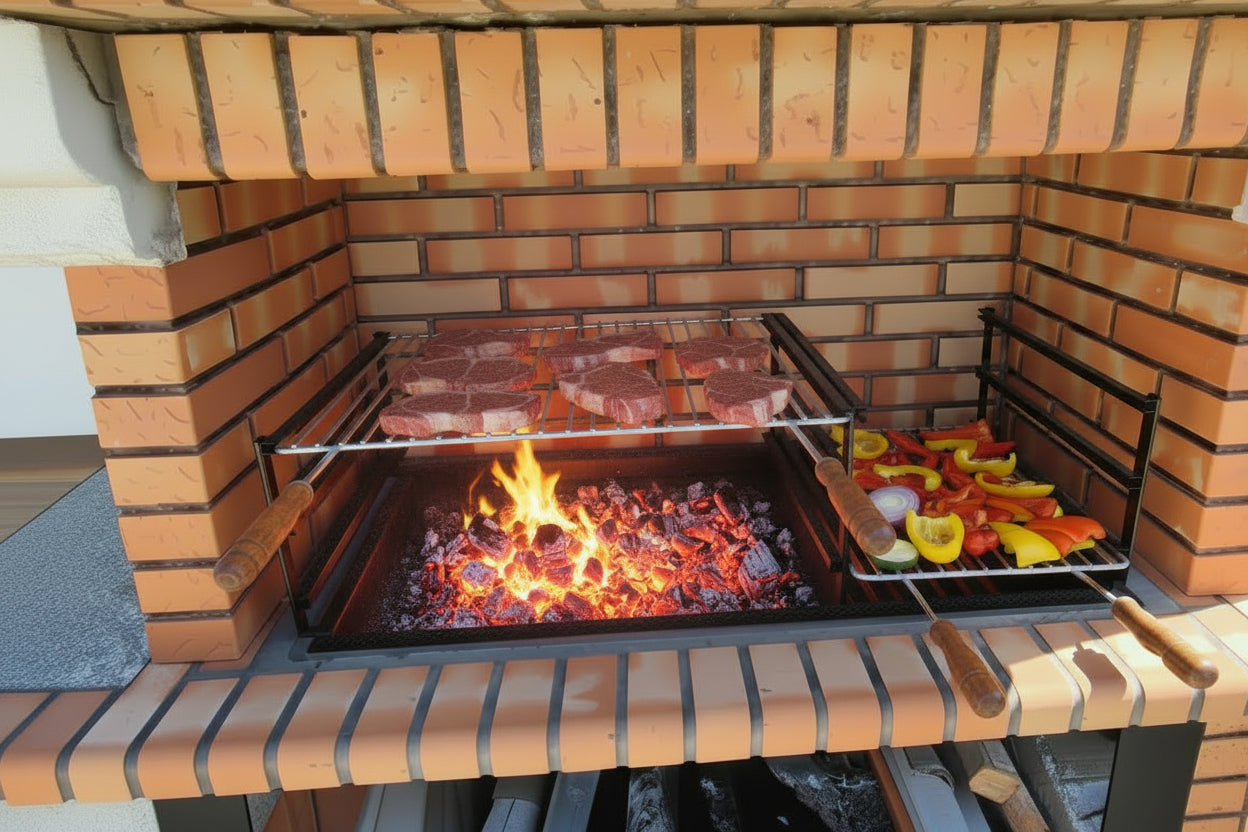 Calabria 326 – Barbecue brique & pierre reconstituée avec grand plan de travail – grilloir 90 cm (évier + fresque en option)