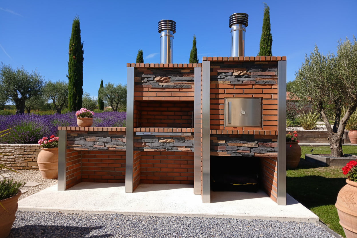 Inoxa 307 – Cuisine extérieure premium en pierre reconstituée avec Four Ø75 cm + barbecue 80×38 et plan en grès