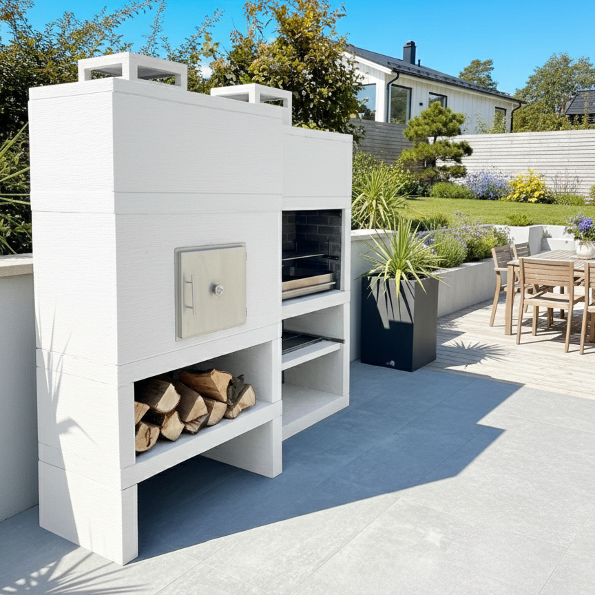 Linea 25F – Barbecue moderne + Four à bois Ø80 cm (kit d’isolation inclus) – grilloir acier 80 cm