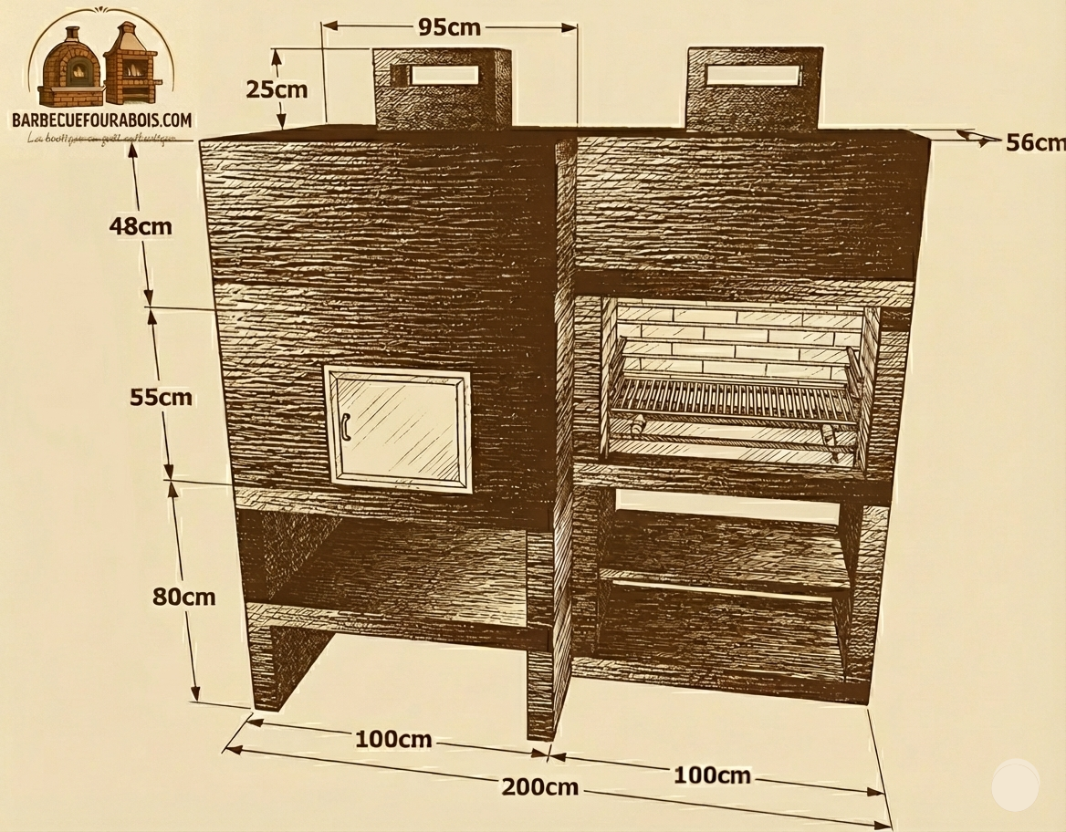 Linea 25F – Barbecue moderne + Four à bois Ø80 cm (kit d’isolation inclus) – grilloir acier 80 cm