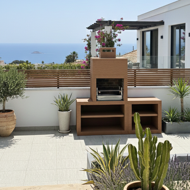 Linea 30 – Cuisine extérieure moderne 200 cm (modules interchangeables) – grilloir acier 60 cm, évier optionnel