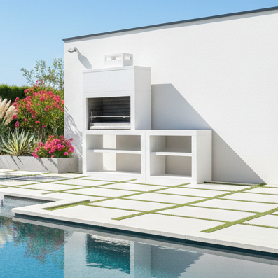 Linea 35 – Cuisine extérieure moderne 200 cm (modules interchangeables) – grilloir acier 80 cm, évier optionnel