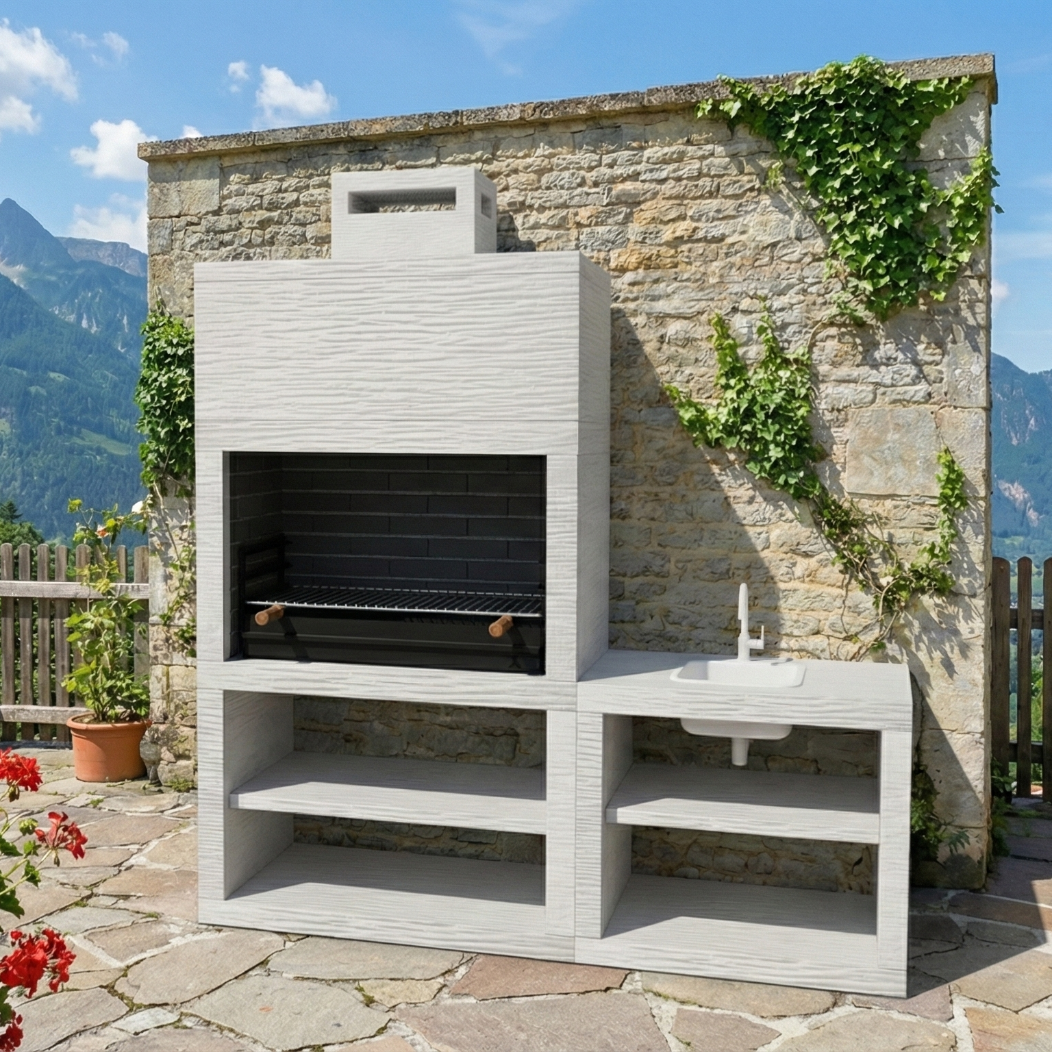 Linea 42 – Cuisine extérieure moderne 200 cm (4 coloris) – grilloir acier 80 cm, évier optionnel