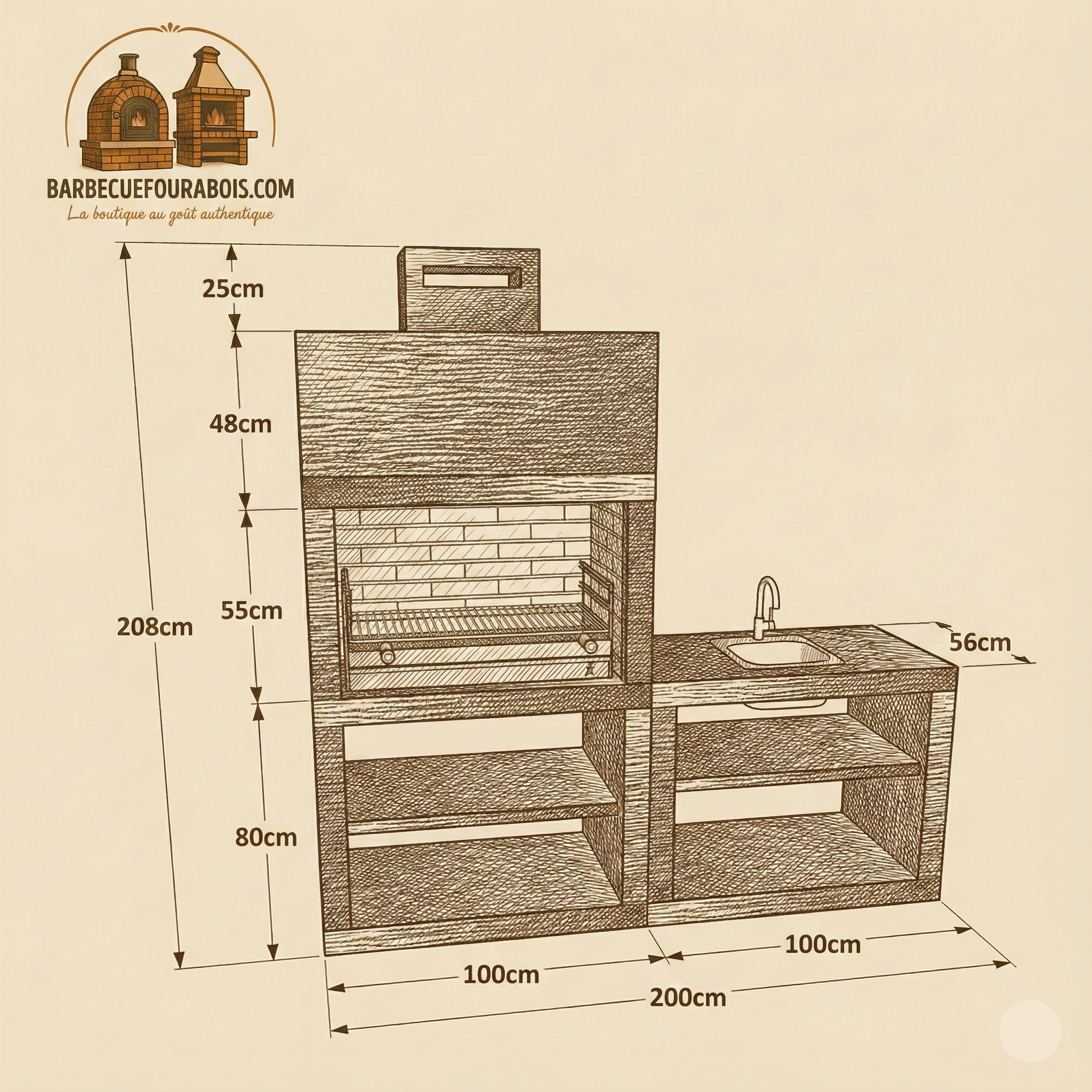 Linea 42 – Cuisine extérieure moderne 200 cm (4 coloris) – grilloir acier 80 cm, évier optionnel