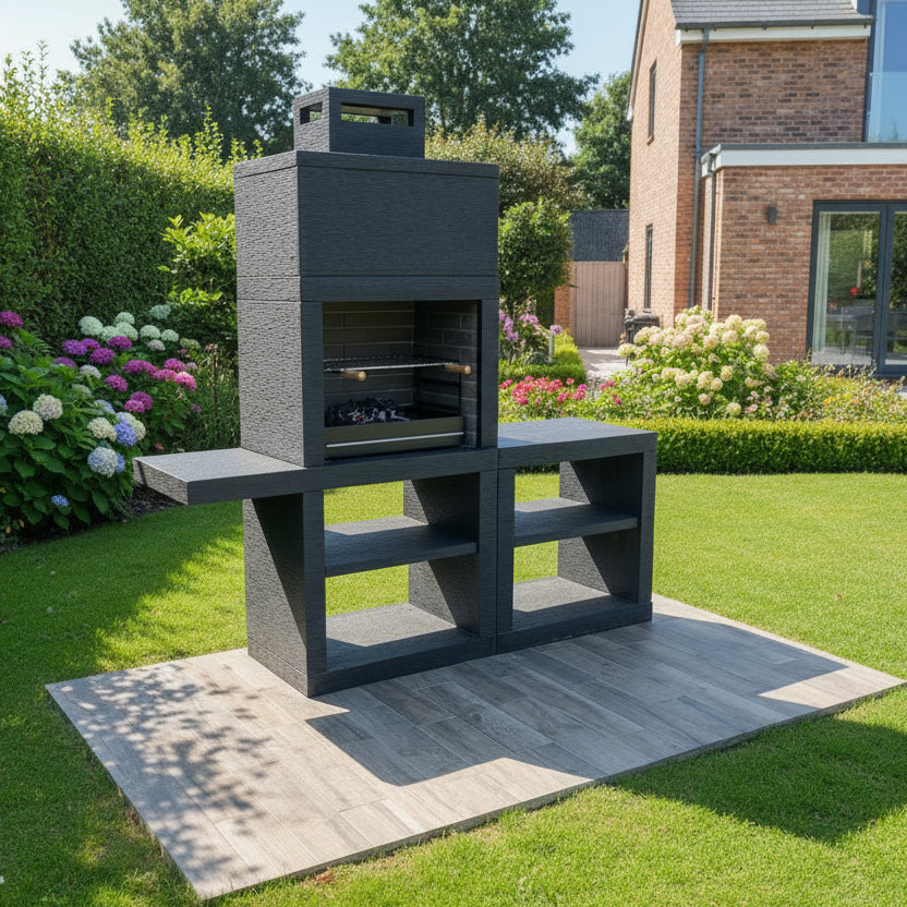 Linea 45 – Cuisine extérieure moderne 200 cm (modules interchangeables) – grilloir acier 60 cm, évier optionnel