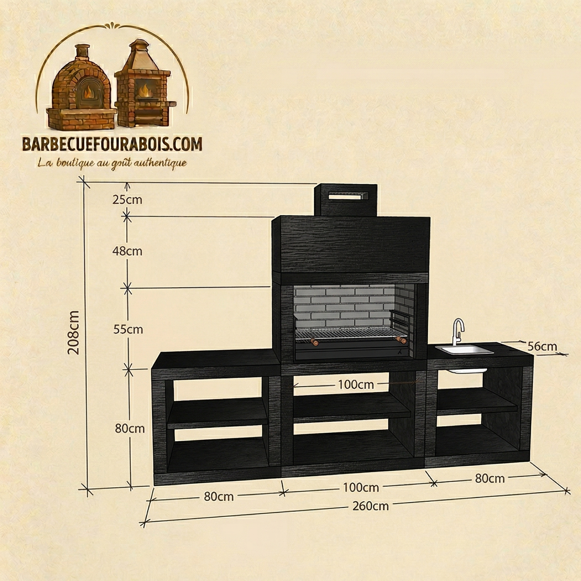 Linea 61 – Barbecue moderne avec évier – grilloir 80 cm – 260×56 cm