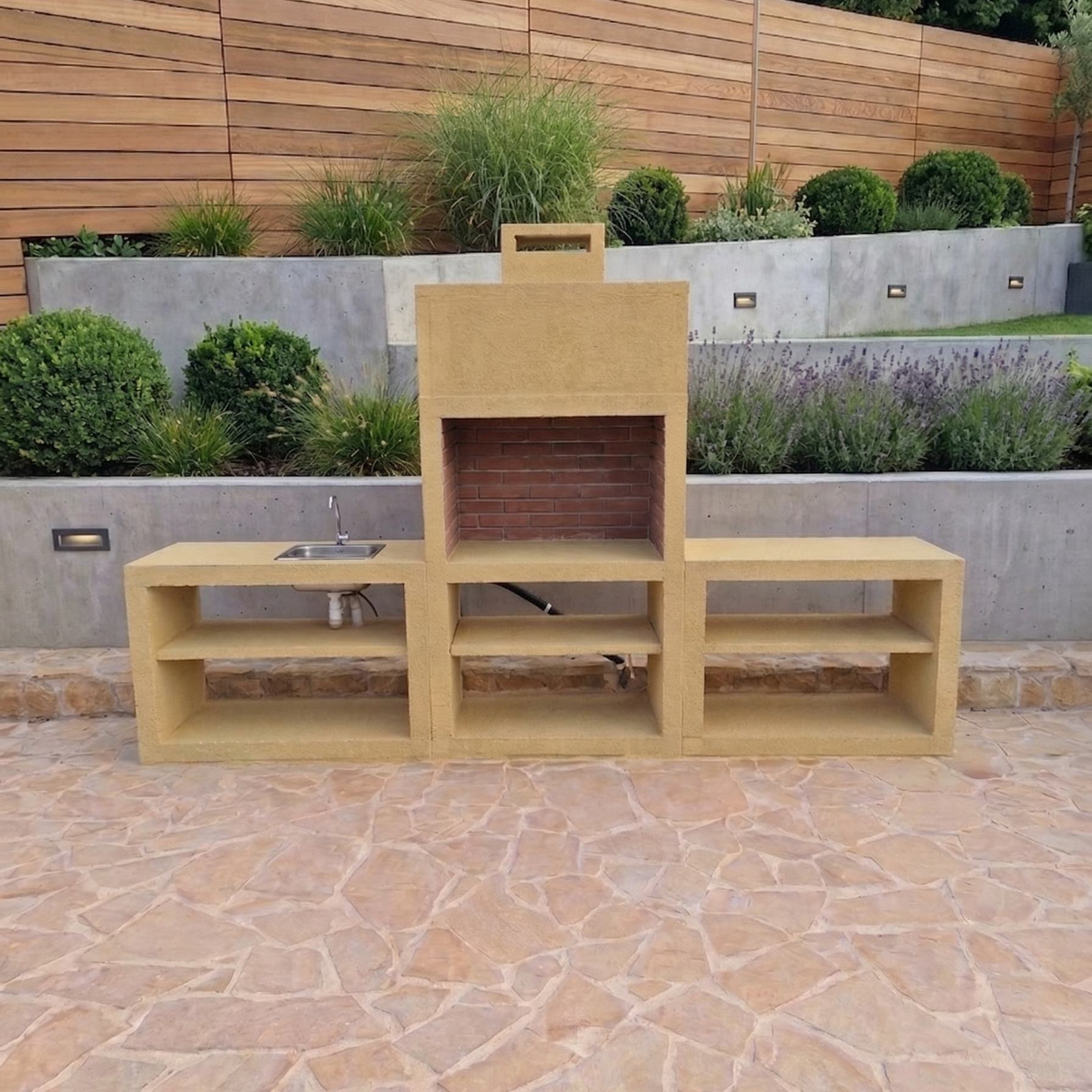 Linea 64 – Cuisine extérieure moderne 300 cm (2 modules) – grilloir acier 80 cm, évier optionnel