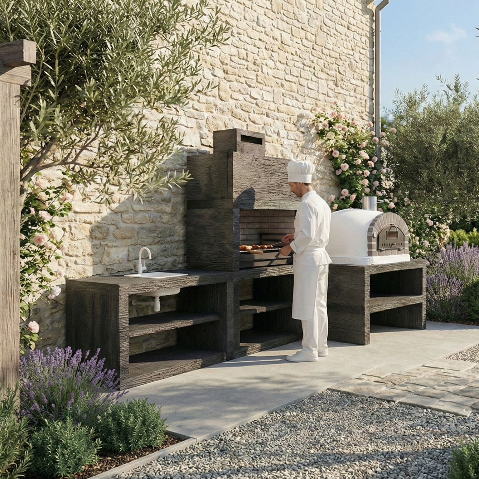 Linea 71F – Cuisine extérieure modulaire avec grill 80 cm + banc four 100×100 (évier optionnel)