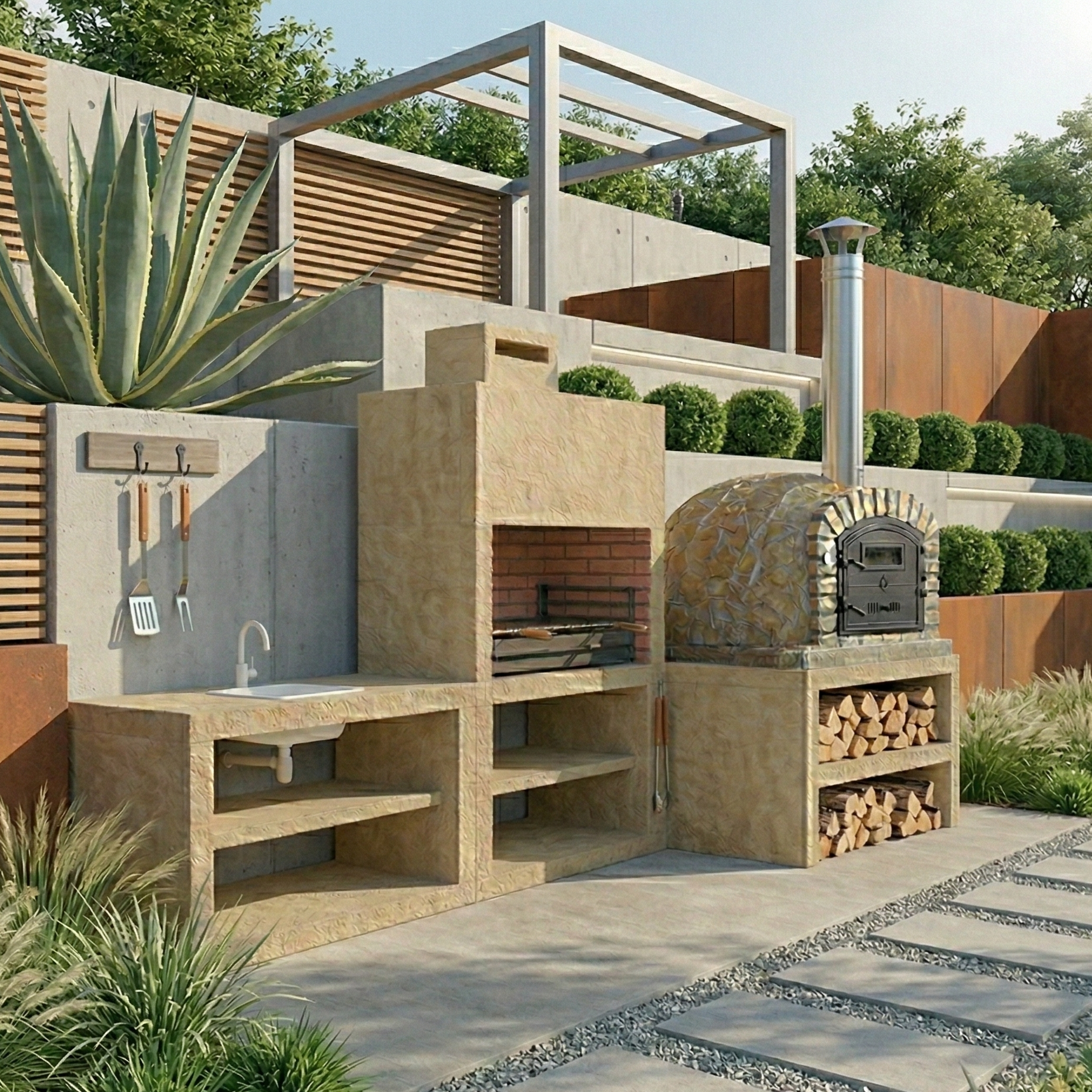 Linea 71F – Cuisine extérieure modulaire avec grill 80 cm + banc four 100×100 (évier optionnel)