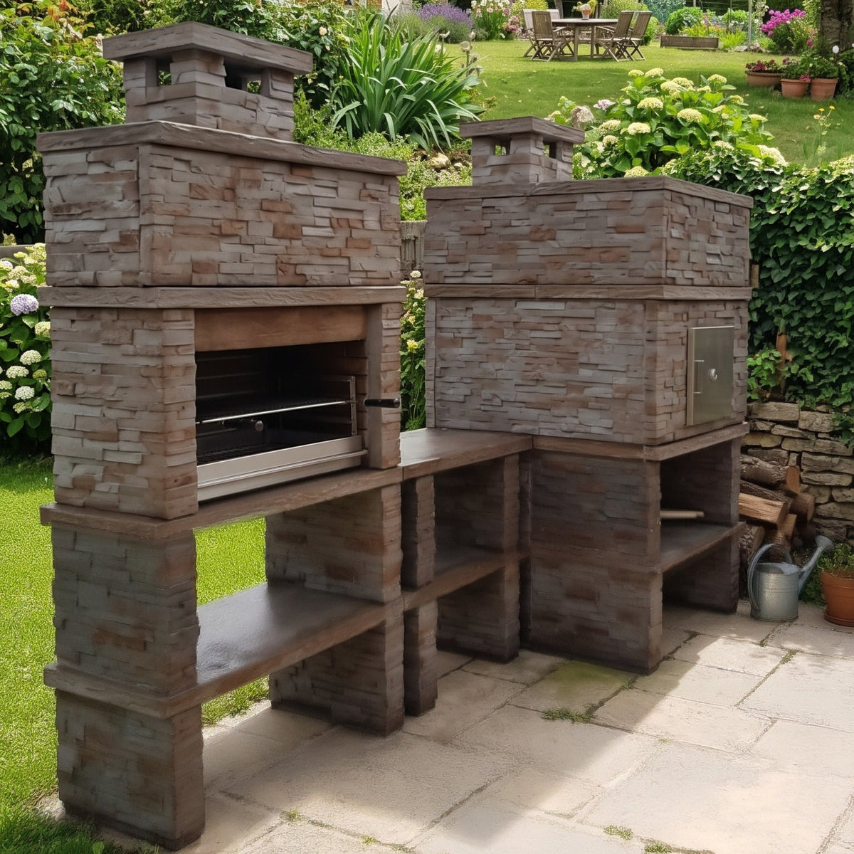 Montara 41 Four 80 – Barbecue en pierre imitation schiste avec grilloir 80 cm, four à bois et évier inox