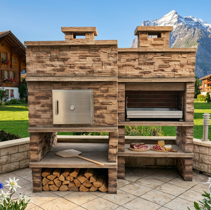 Montara 25 Four 90 – Barbecue en pierre imitation schiste avec grilloir 80 cm et four à bois 90 cm