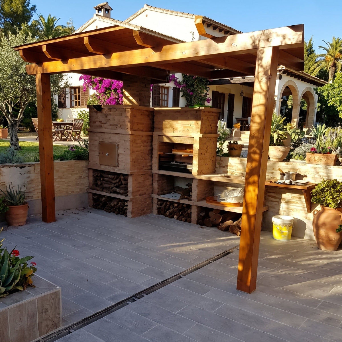 Montara 41 Four 80 – Barbecue en pierre imitation schiste avec grilloir 80 cm, four à bois et évier inox