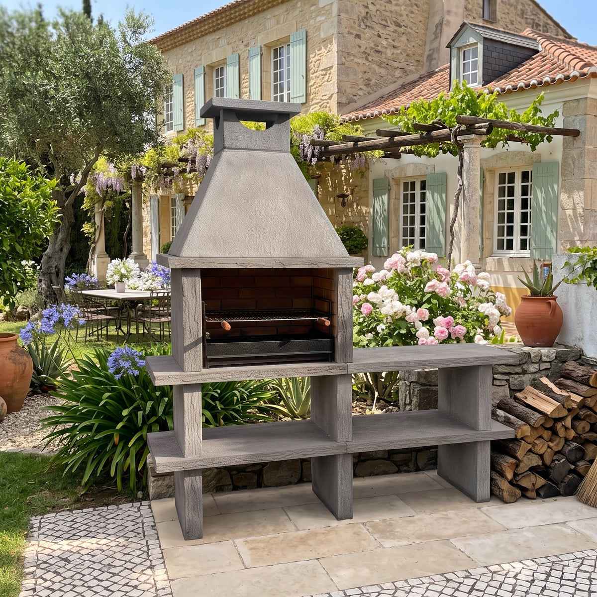 Terra 40 – Barbecue en pierre reconstituée avec grilloir 60 cm et plan de travail (inox en option)