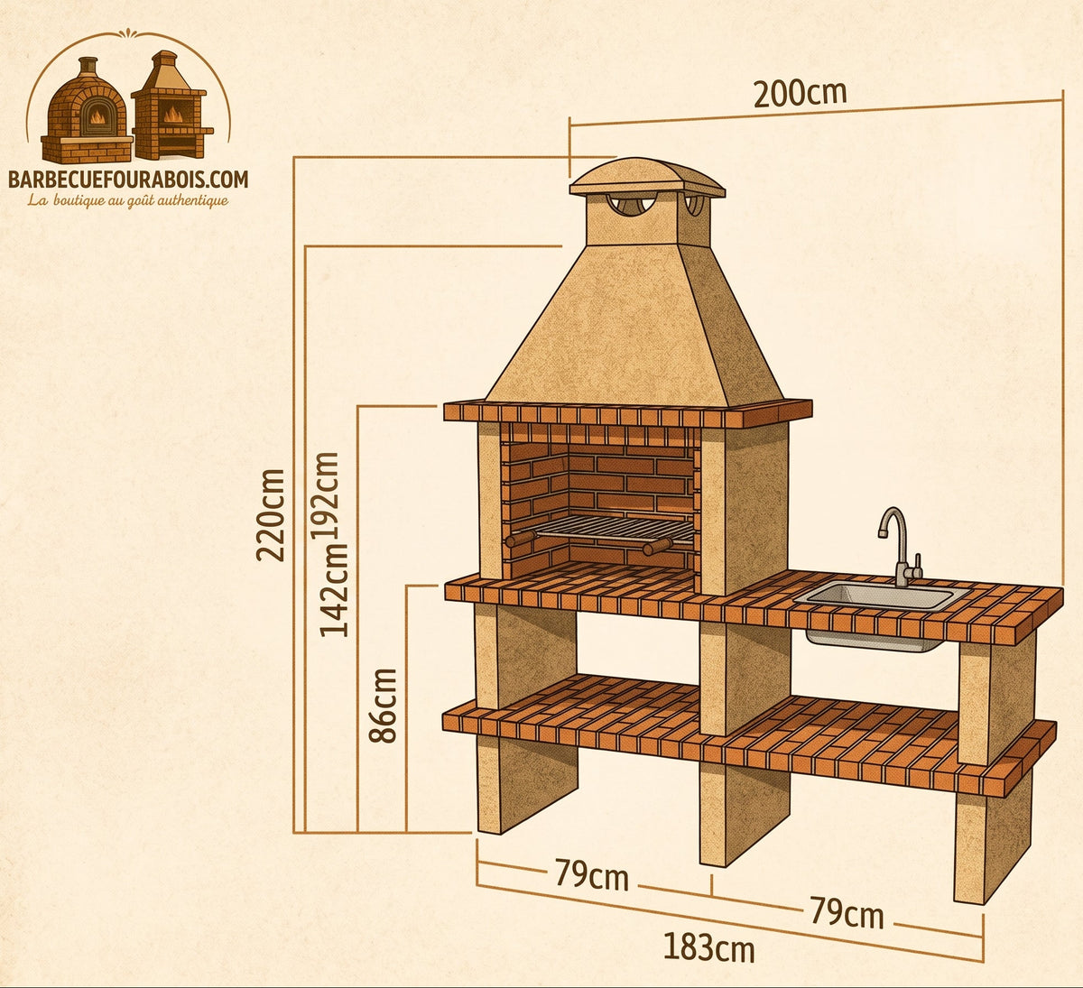 Terra 42 – Barbecue en pierre reconstituée avec grilloir 80 cm et évier au choix