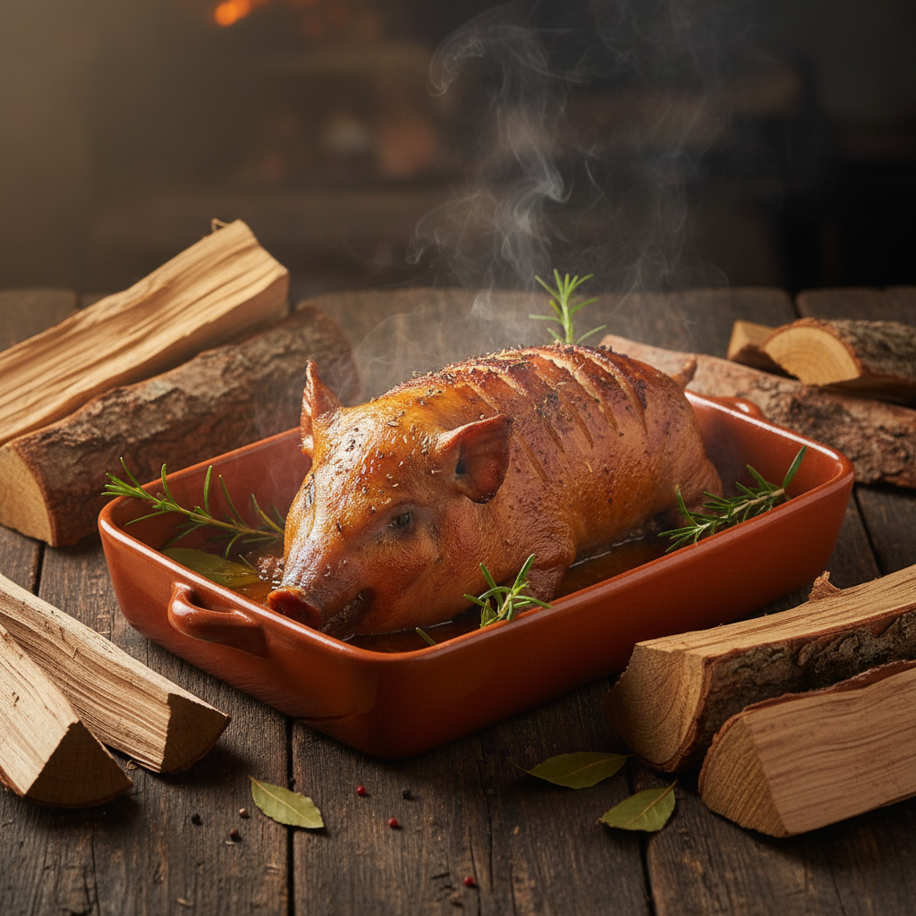 Travessa com leitão e lenha